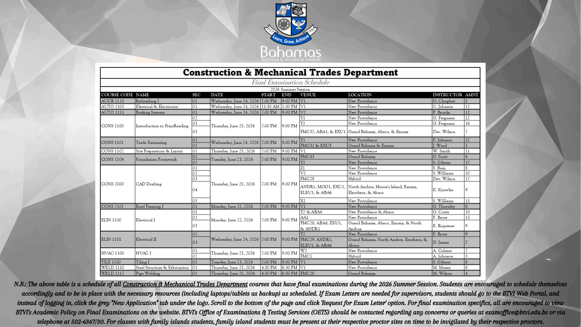 Construction Summer 2026 Timetable